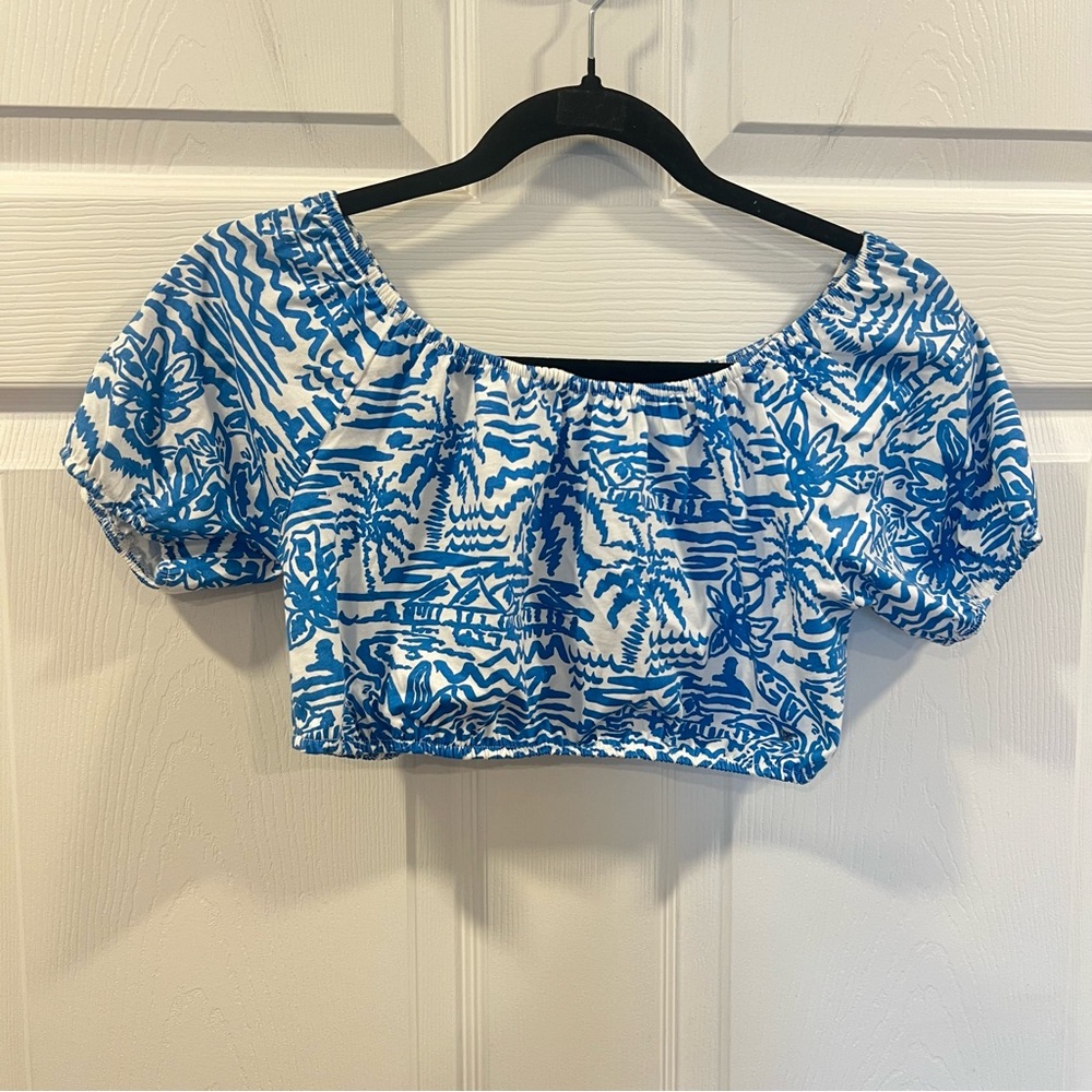 Zara Girls Tropical Print Puff Sleeve Crop Top Blue White Size 9 NWT